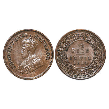 George V, Bronze, 1/2 Pice, 1914, Calcutta Mint, No mint mark, Ghost on Rev Alphabate 'P' 
