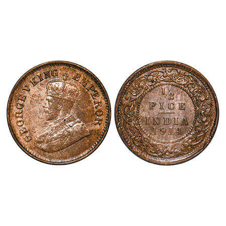 George V, Bronze, 1/2 Pice, 1914, Calcutta Mint, No mint mark. GK 1200. Brilliant Uncircul