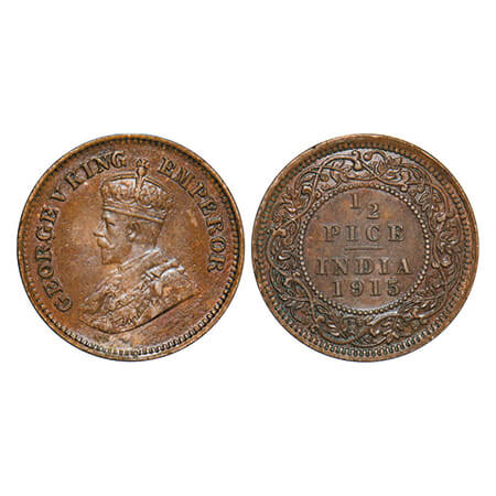 George V, Bronze, 1/2 Pice, 1915, Calcutta Mint, No mint mark. GK 1201. About Uncirculated