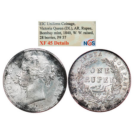 Victoria Queen, Silver, Rupee, 1840, DL, Bombay Mint, W.W. raised, Wreath with 28 Berries 