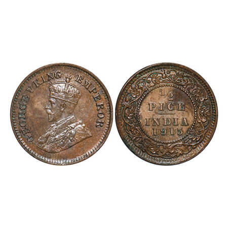 George V, Bronze, 1/2 Pice, 1915, Calcutta Mint, No mint mark. GK 1201. Uncirculated. Very
