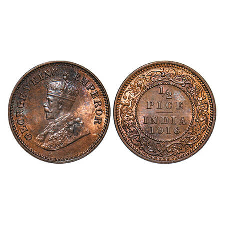 George V, Bronze, 1/2 Pice, 1916, Calcutta Mint, No mint mark. GK 1202. Brilliant Uncircul