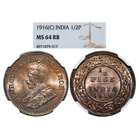 George V, Bronze, 1/2 Pice, 1916, Calcutta Mint, No mint mark. GK 1202. NGC Slabbed MS 64 