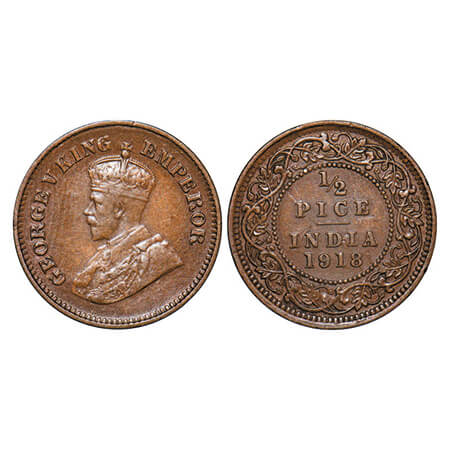 George V, Bronze, 1/2 Pice, 1918, Calcutta Mint, No mint mark, Ghost on Rev. GK 1204. Extr