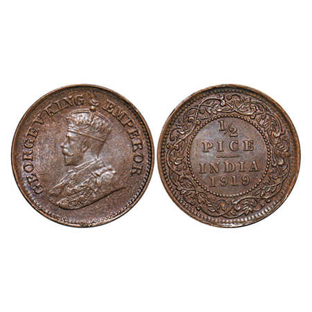 George V, Bronze, 1/2 Pice, 1919, Calcutta mint, No mint mark. GK 1205. Uncirculated. Scar