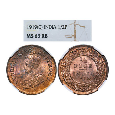 George V, Bronze, 1/2 Pice, 1919, Calcutta mint, No mint mark. GK 1205. NGC Slabbed MS 63 
