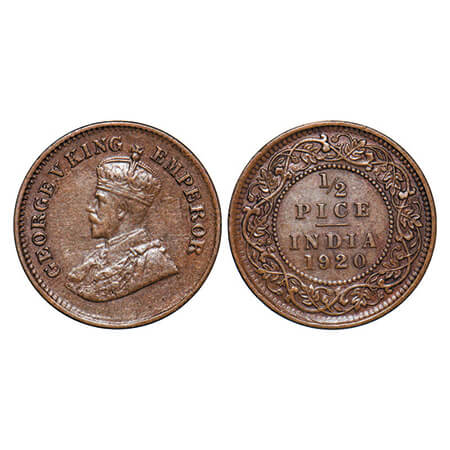 George V, Bronze, 1/2 Pice, 1920, Calcutta mint, No mint mark, Ghost on Rev. GK 1206. Extr