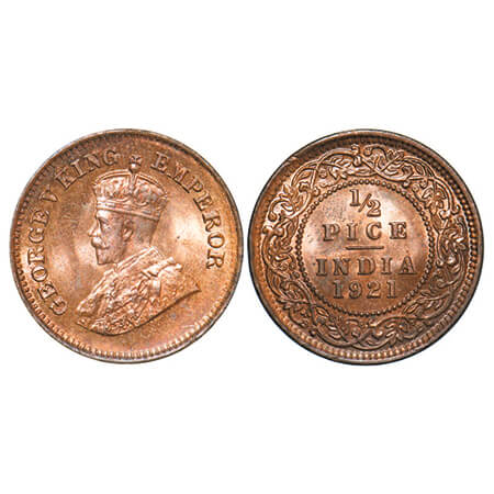George V, Bronze, 1/2 Pice, 1921, Calcutta Mint, No mint mark. GK 1207. Uncirculated. Scar