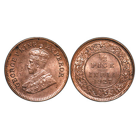 George V, Bronze, 1/2 Pice, 1927, Calcutta mint, No mint mark. GK 1213. Uncirculated, Clea