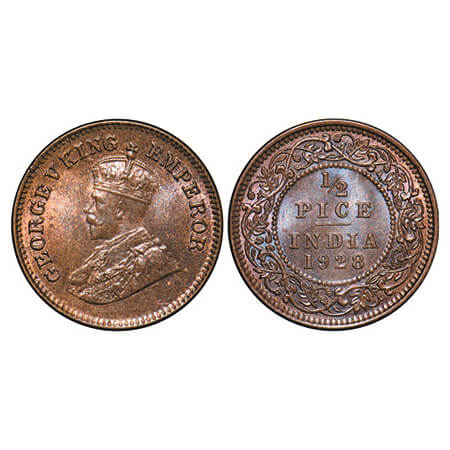 George V, Bronze, 1/2 Pice, 1928, Calcutta Mint, No mint mark, Ghost on Rev, die cracks on