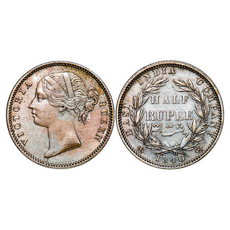 Victoria Queen, Silver, Half Rupee, 1840, DL, (24.26 mm), Calcutta Mint, .W.W incused, Ver