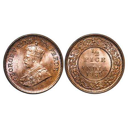 George V, Bronze, 1/2 Pice, 1929, Calcutta Mint, No mint mark. GK 1215. Mint State. Very S