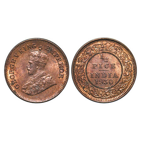 George V, Bronze, 1/2 Pice, 1930, Calcutta Mint, No mint mark. GK 1216. Mint State. Rare.