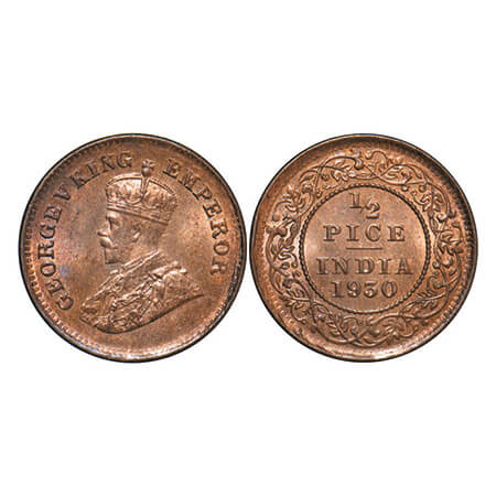 George V, Bronze, 1/2 Pice, 1930, Calcutta Mint, No mint mark. GK 1216. Brilliant Uncircul