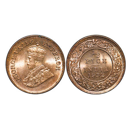 George V, Bronze, 1/2 Pice, 1932, Calcutta Mint, No mint mark. GK 1218. Mint State. Very S