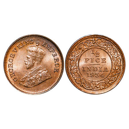 George V, Bronze, 1/2 Pice, 1934, Calcutta Mint, No mint mark. GK 1220. Mint State. Very S
