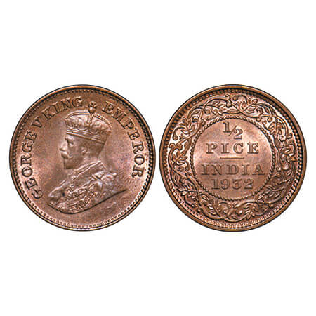 George V, Bronze, 1/2 Pice, 1932, Calcutta Mint, No mint mark. GK 1218. Mint State. Very S