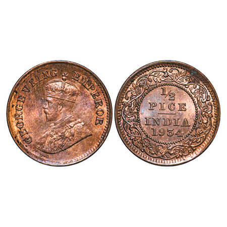 George V, Bronze, 1/2 Pice, 1934, Calcutta Mint, No mint mark. GK 1220. Mint State. Rare.