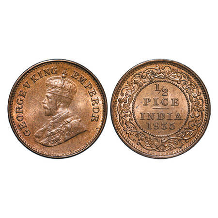 George V, Bronze, 1/2 Pice, 1935, Calcutta Mint, No mint mark. GK 1221. Brilliant Uncircul