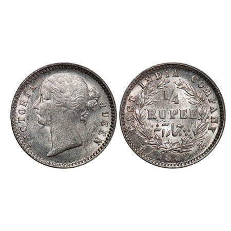 Victoria Queen, Silver, 1/4 Rupee, 1840, DL, Calcutta Mint,W.W. raised, Wreath with 10 Ber