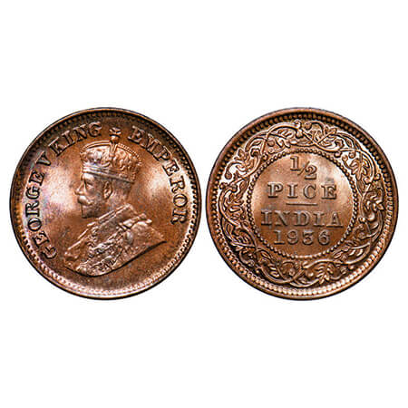 George V, Bronze, 1/2 Pice, 1936, Calcutta Mint, No mint mark. GK 1222. Brilliant Uncircul