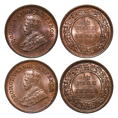 George V, Bronze, 1/2 Pice, (2 coins), 1936, Calcutta Mint, No mint mark, 1) Numeral 1,9,3