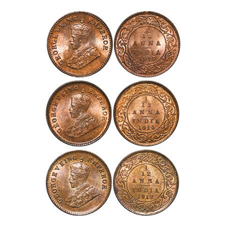 George V, Bronze, 1/12 Anna, (3 coins), 1912, 1914, 1915, Calcutta Mint, No dot. GK 1223, 