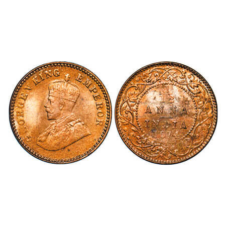 George V, Bronze, 1/12 Anna, 1914, Calcutta Mint, No dot, Ghost on Rev, Die filled Error o