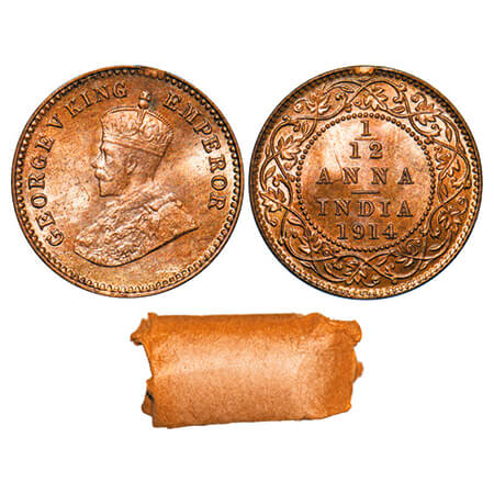 George V, Bronze, 1/12 Anna, 1914, Calcutta mint, No dot. 24 Uncirculated coins in a brown