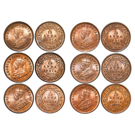 George V, Bronze, 1/12 Anna, (Lot of 6 coins), 1) 1917, Calcutta Mint, No dot, 2) 1918, Ca