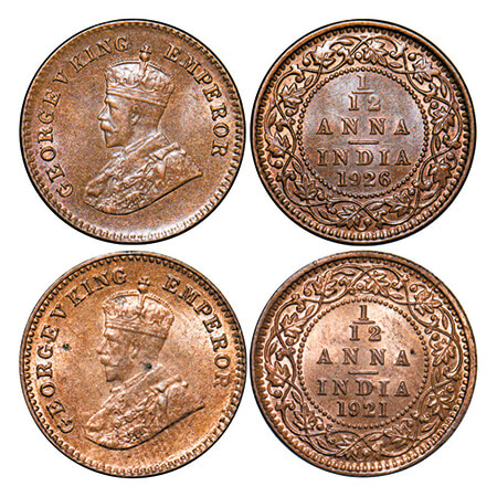 George V, Bronze, 1/12 Anna, (2 coins), 1921, 1926, Calcutta mint, No dot. GK 1232, 1240. 