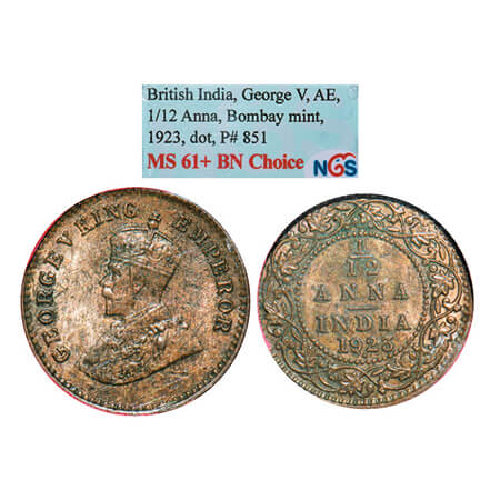 George V, Bronze, 1/12 Anna, 1923, Bombay Mint, Dot. GK 1233. NGS Slabbed MS 61+ BN, Choic