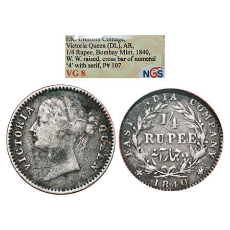 Victoria Queen, Silver, 1/4 Rupee, 1840, DL, Bombay Mint, W.W. raised, Wreath with 10 Berr