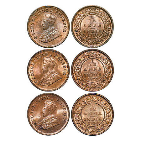 George V, Bronze, 1/12 Anna, (3 coins), 1928, 1929, 1930, Calcutta Mint, No dot. GK 1244, 
