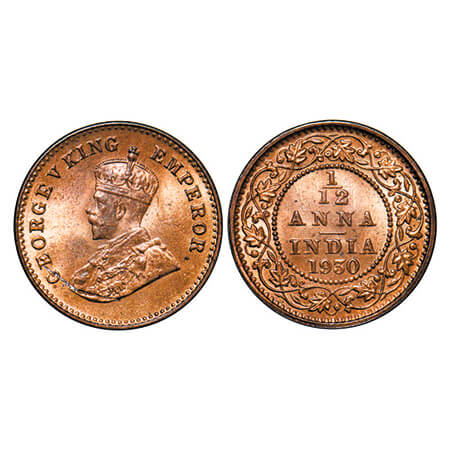 George V, Bronze, 1/12 Anna, 1930, Calcutta Mint, No dot, Error: Struck through Error on O