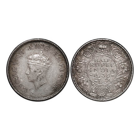 George VI, Silver, Half Rupee, 1938, Bombay Mint, A/I, Dot, Milled edge, Head Type I, Tiny