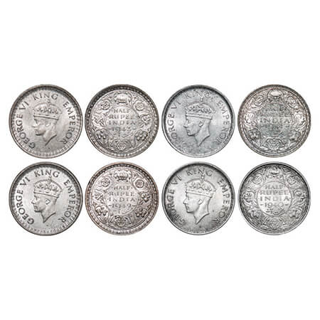 George VI, Half Silver, Half Rupee, (4 coins), Bombay Mint, Head Type II, 1) 1940, A(a)/I,
