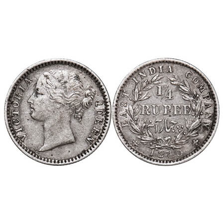 Victoria Queen, Silver, 1/4 Rupee, 1840, DL, Madras Mint, W.W. 'S' raised, Wreath with 10 