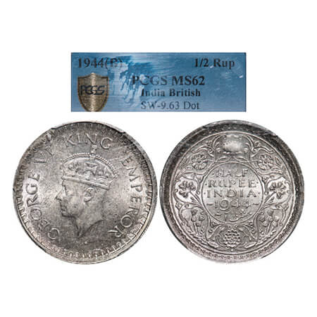 George VI, Half Silver, Half Rupee, 1944, Bombay Mint, B/III, Dot, Security edge, Head Typ