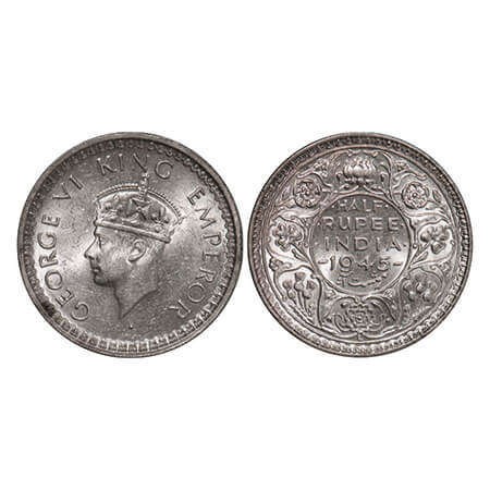 George VI, Half Silver, Half Rupee, 1945, Lahore Mint, B/II, 'L' raised, security edge, He