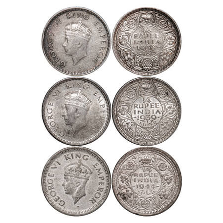 George VI, Silver, 1/4 Rupee, (3 coins), 1939 (2), Bombay Mint, Head Type I, rev I, Dot, M