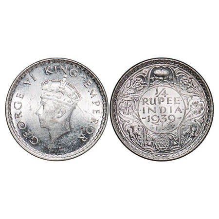 George VI, Silver, 1/4 Rupee, 1939, Calcutta Mint, Head Type I, Rev I, No dot, Milled edge