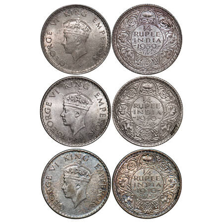 George VI, Half Silver, 1/4 Rupee, (3 coins), 1) 1939, Silver, Bombay Mint, Head Type I, R
