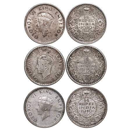 George VI, Mix Metal, 1/4 Rupee, (3 coins), 1) 1939, Silver, Bombay Mint, Head Type I, Rev