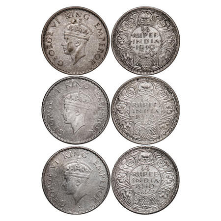 George VI, Half Silver, 1/4 Rupee, (3 coins), 1940, Bombay Mint, Head Type II, Rev I, Dot,