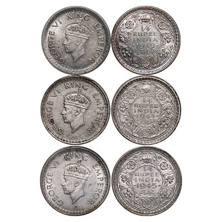 George VI, Half Silver, 1/4 Rupee, (3 coins), 1) 1942, Calcutta Mint, Head Type II, Rev II