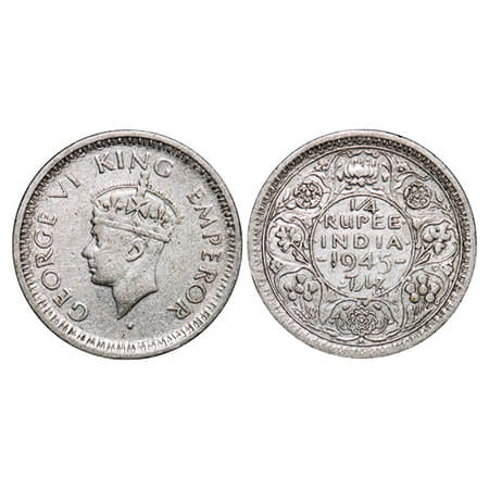 George VI, Half Silver, 1/4 Rupee, 1945, Bombay Mint, Head Type II, Rev II, Dot, Security 