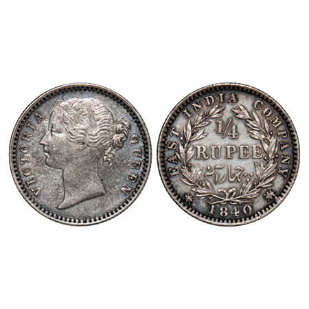 Victoria Queen, Silver, 1/4 Rupee, 1840, DL, Madras Mint, W.W. 'S' raised, Wreath with 10 