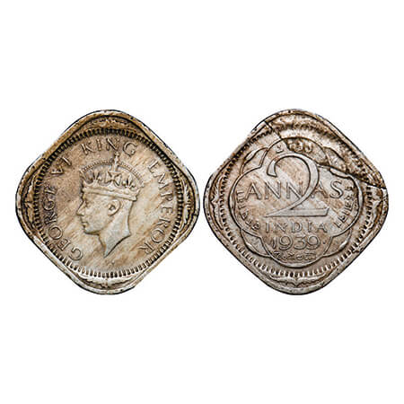George VI, Copper-Nickel, 2 Annas, 1939, Bombay Mint, Head type II, Dots by year, Error, B