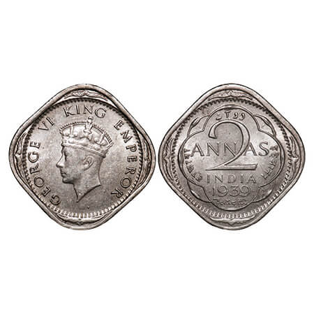 George VI, Copper-Nickel, 2 Annas, 1939, Bombay Mint, Head Type I, Dots by year. GK 1348. 
